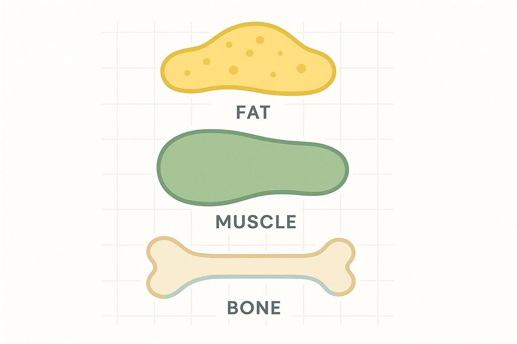 Abstract layered shapes representing fat, muscle, and bone with a grid overlay, illustrating concepts of body composition.