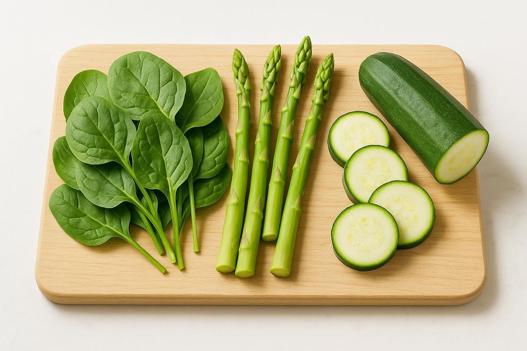 Fresh spinach leaves, four asparagus spears, and a zucchini, with some slices, arranged on a light wooden cutting board. All vegetables are vibrant green.