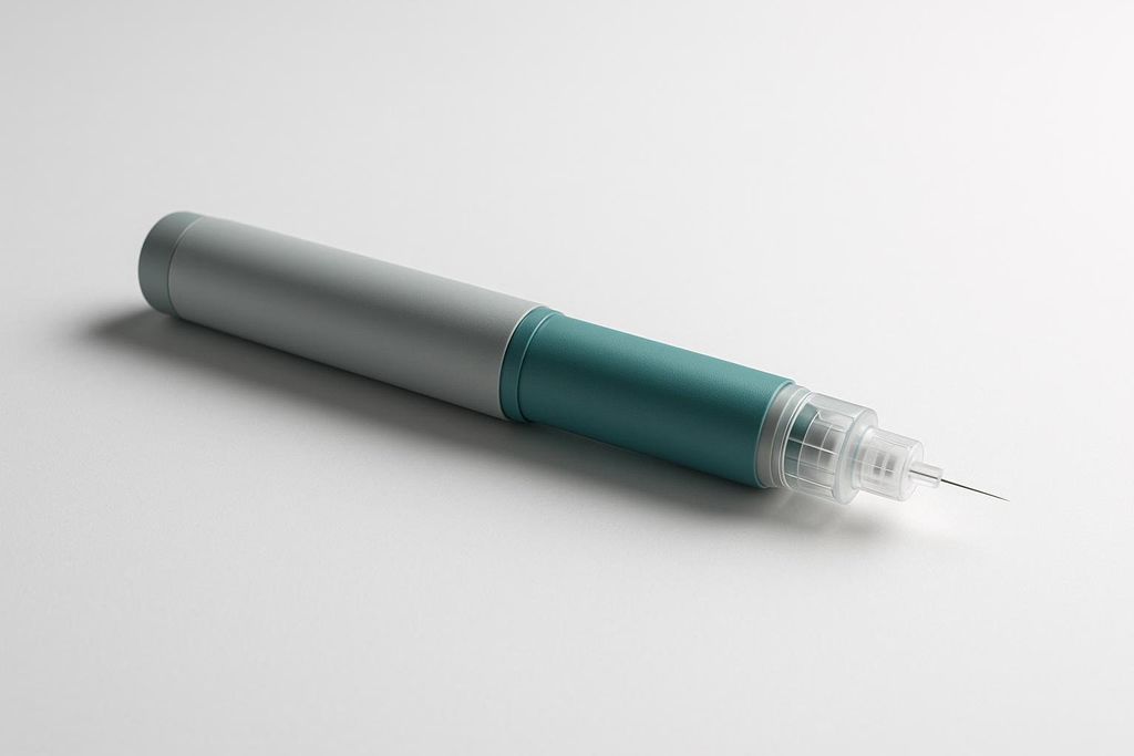 A gray and teal medical injection pen with a needle exposed at one end, lying on a flat white surface.