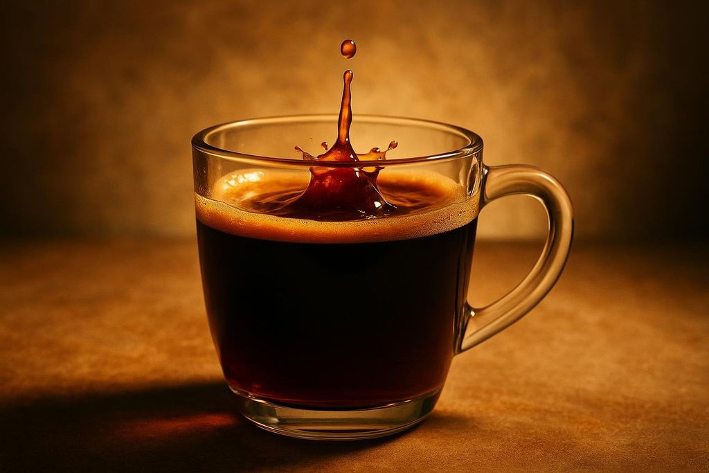 A clear glass mug filled with dark espresso, illuminated by warm light, captures a dramatic splash and a single drip of coffee in mid-air.