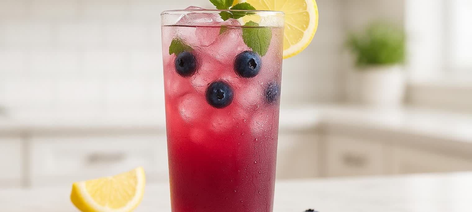 A vibrant glass of iced blueberry lemonade, garnished with fresh mint leaves and a lemon slice on the rim, set against a bright, softly blurred kitchen background. Additional lemon wedges are visible in the foreground.