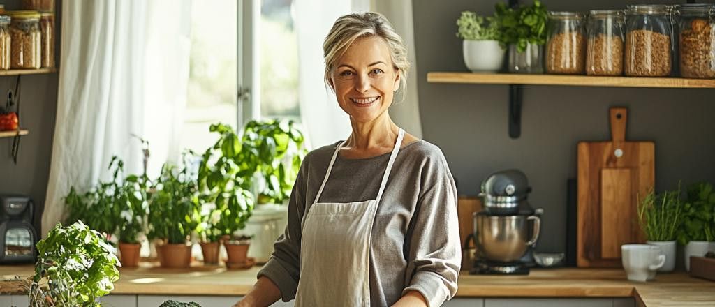 A smiling woman wearing a grey shirt and beige apron stands in a kitchen surrounded by houseplants, shelves, and a mixer.