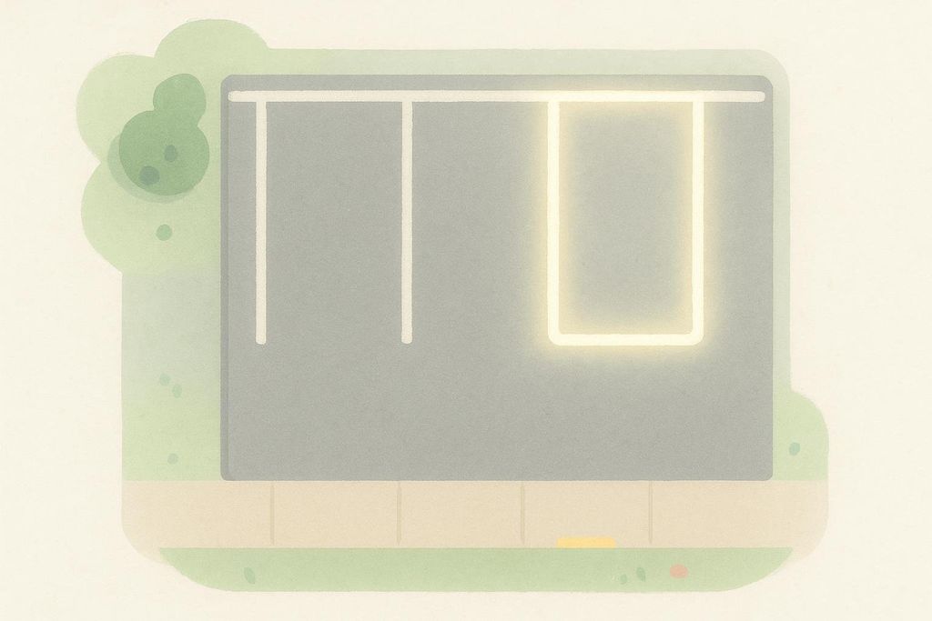 An overhead, simplified, and stylized illustration of a gray parking lot with several white parking lines. One parking space on the right is highlighted with a glowing yellow outline. Green grass and light brown sidewalk border the parking lot.