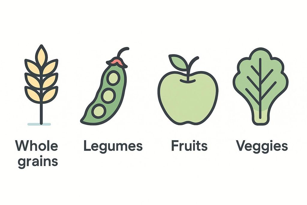 Four icons on a white background, representing healthy food groups. From left to right: a stalk of wheat for whole grains, a pea pod for legumes, a green apple for fruits, and a green leafy vegetable for veggies.