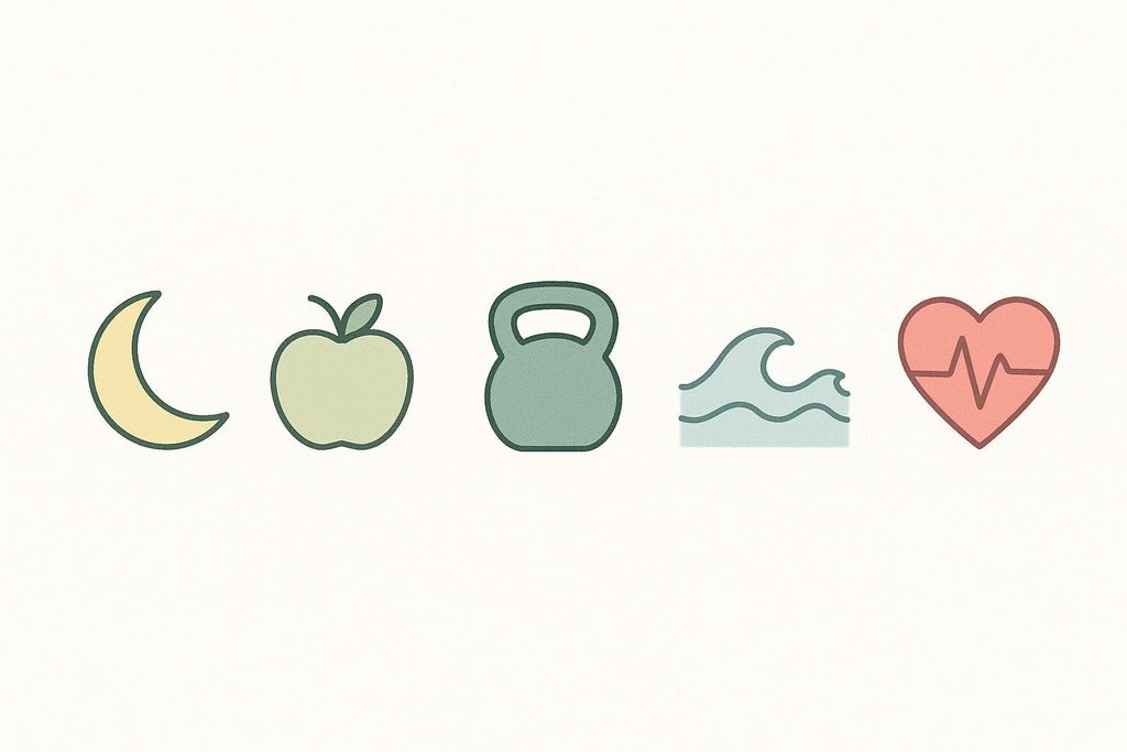 Five minimalistic icons representing the core pillars of biohacking: a crescent moon for sleep, an apple for nutrition, a kettlebell for movement, waves for stress management, and a heart with an ECG line for body composition.