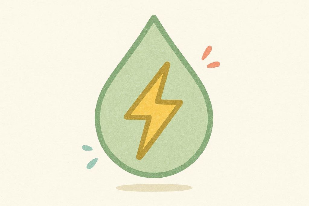 An illustrated icon showing a green water droplet containing a yellow lightning bolt, suggesting water power or hydroelectricity. Small red and blue splash marks are near the droplet, and there's a subtle shadow underneath.