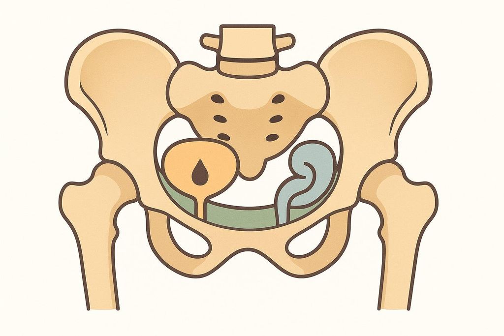 An illustration of the pelvic floor forming a green hammock-like structure that supports the pelvic bones and organs. Inside the pelvic bone structure, a bladder (shaped like an orange oval) and a rectum (shaped like a blue, curved tube) are suspended by the green pelvic floor.