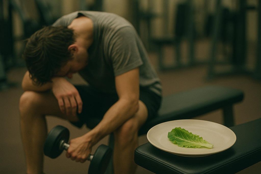 A dejected man in a gym, seated on a bench with a dumbbell in hand, while a plate with a single lettuce leaf sits on another bench nearby, illustrating the impact of aggressive calorie cutting on workout performance and motivation.