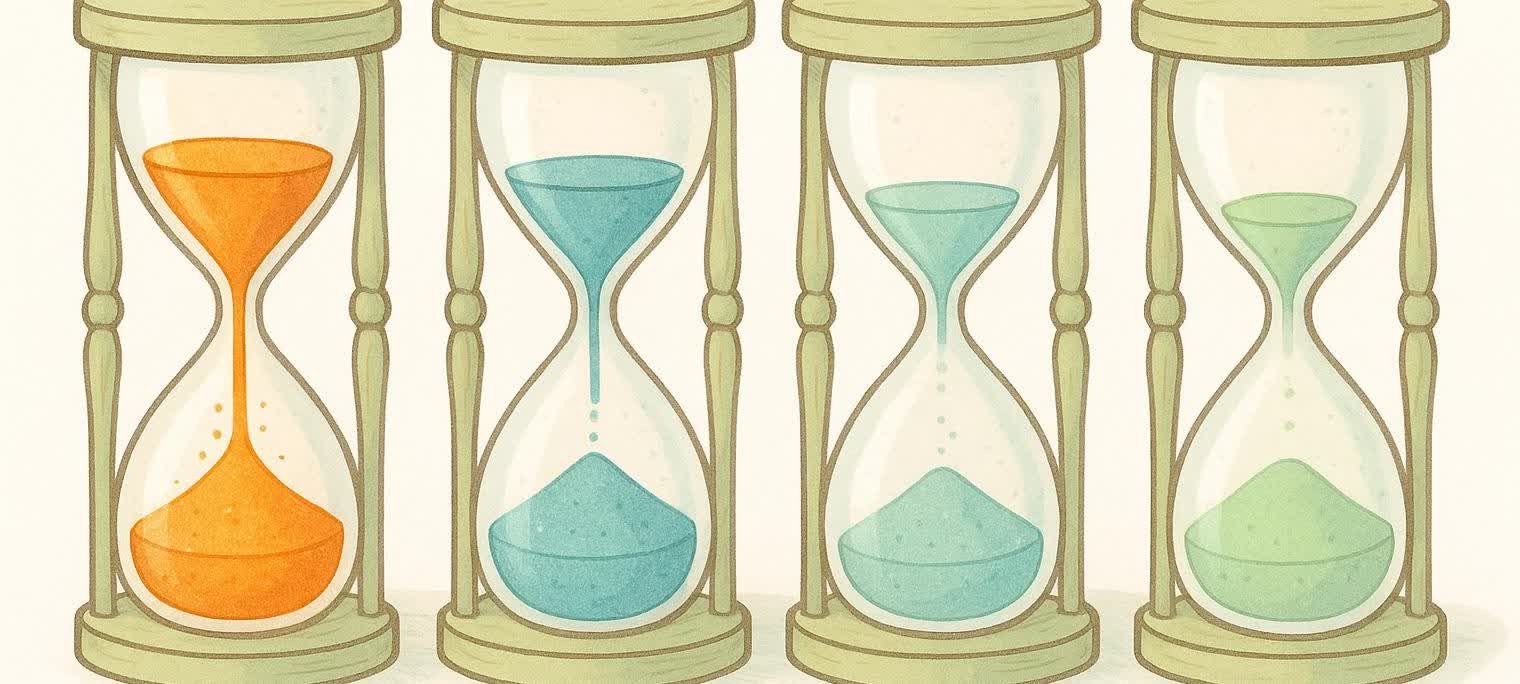 An illustration of four hourglasses lined up, each with a different color of sand (orange, blue, light blue, green) demonstrating varying rates of sand flow, symbolizing metabolic changes over time or by age.