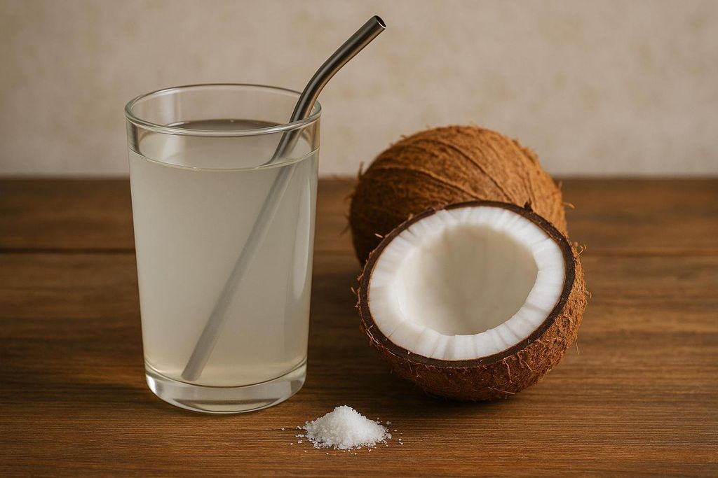 A glass of coconut water with a metal straw, next to a whole coconut and a half-cracked coconut with white flesh exposed. A small pile of sea salt is on the wooden table.
