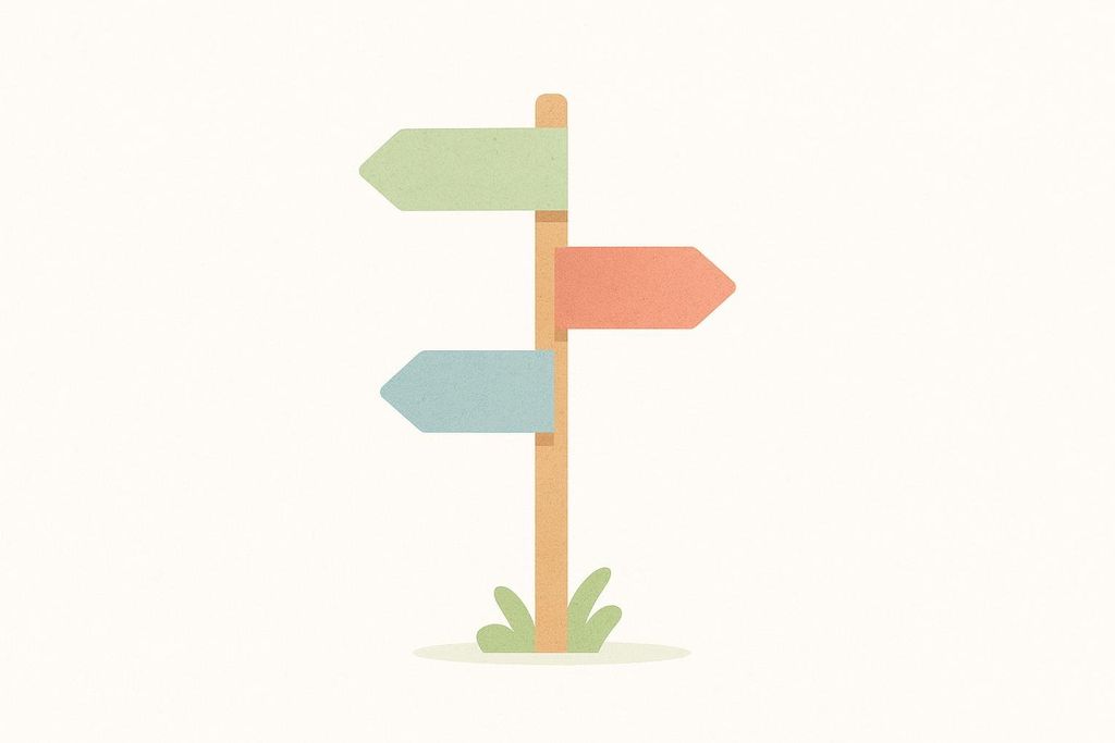 An illustration of a wooden signpost with three blank, arrow-shaped signs pointing in different directions. The top sign is light green and points left, the middle sign is light orange and points right, and the bottom sign is light blue and points left. Green grass grows at the base of the signpost, all against a plain off-white background.