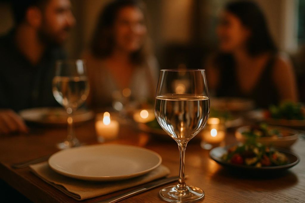 A dinner table setting with a clear glass of water in focus, an empty plate, and blurred candles. In the background, three people are visible in conversation, also out of focus, suggesting a social gathering or meal.