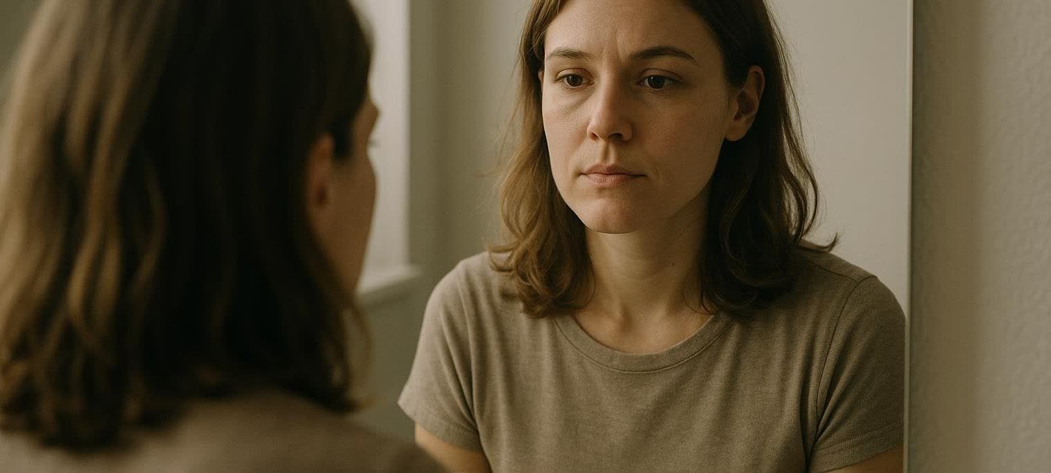 A woman with light brown hair and a neutral t-shirt is looking at her reflection in a mirror with a serious or thoughtful expression on her face. Her reflection is visible to the left, slightly out of focus, while her face in the foreground is clear.