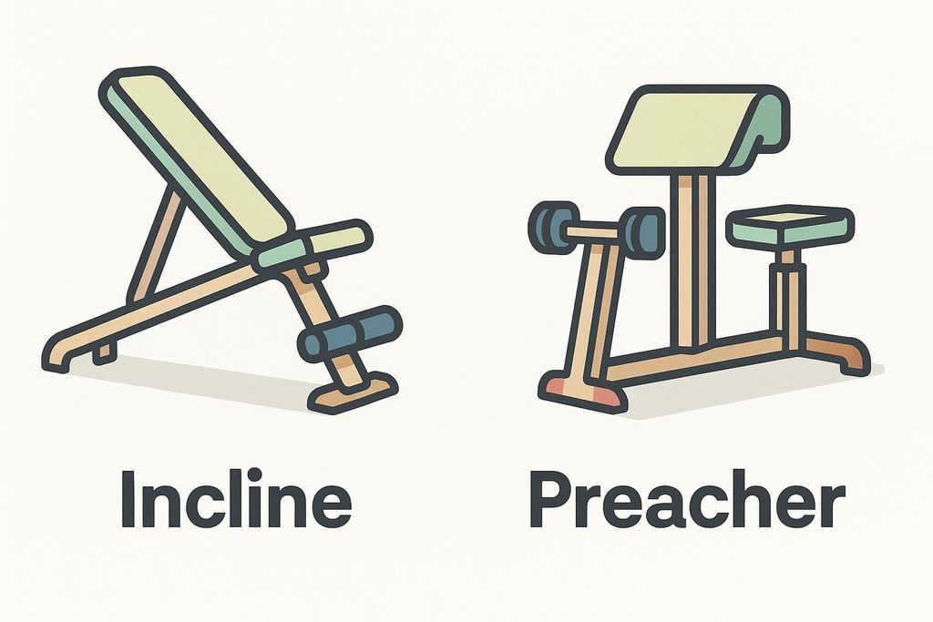 A vector graphic comparing an incline bench, labeled 'Incline', to a preacher bench, labeled 'Preacher'. The incline bench is on the left, an angled padded bench with footrests. The preacher bench is on the right, with a large padded arm rest and a separate small padded seat.