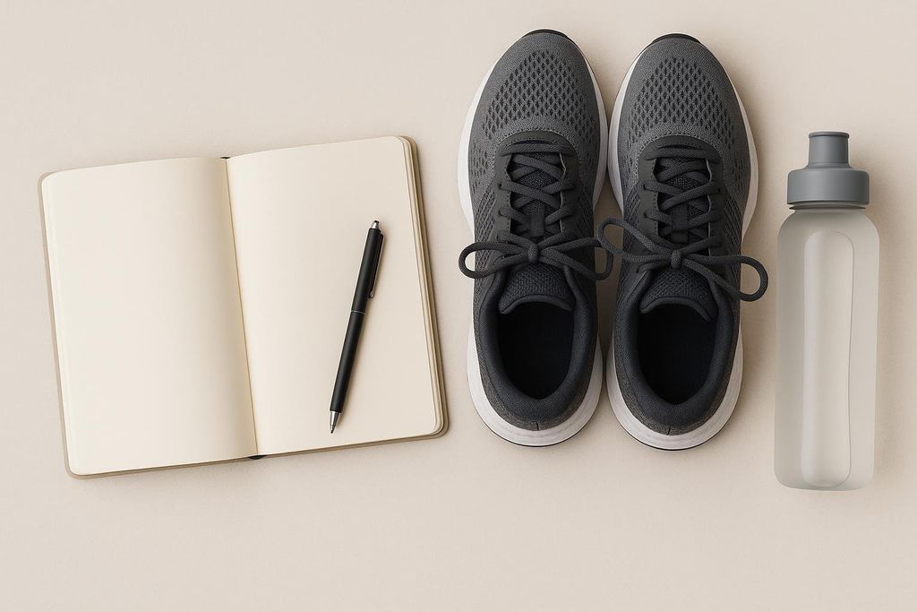 An overhead flat lay of fitness essentials: an open journal with a pen, a pair of gray running shoes, and a frosted water bottle, all arranged on a light beige surface.