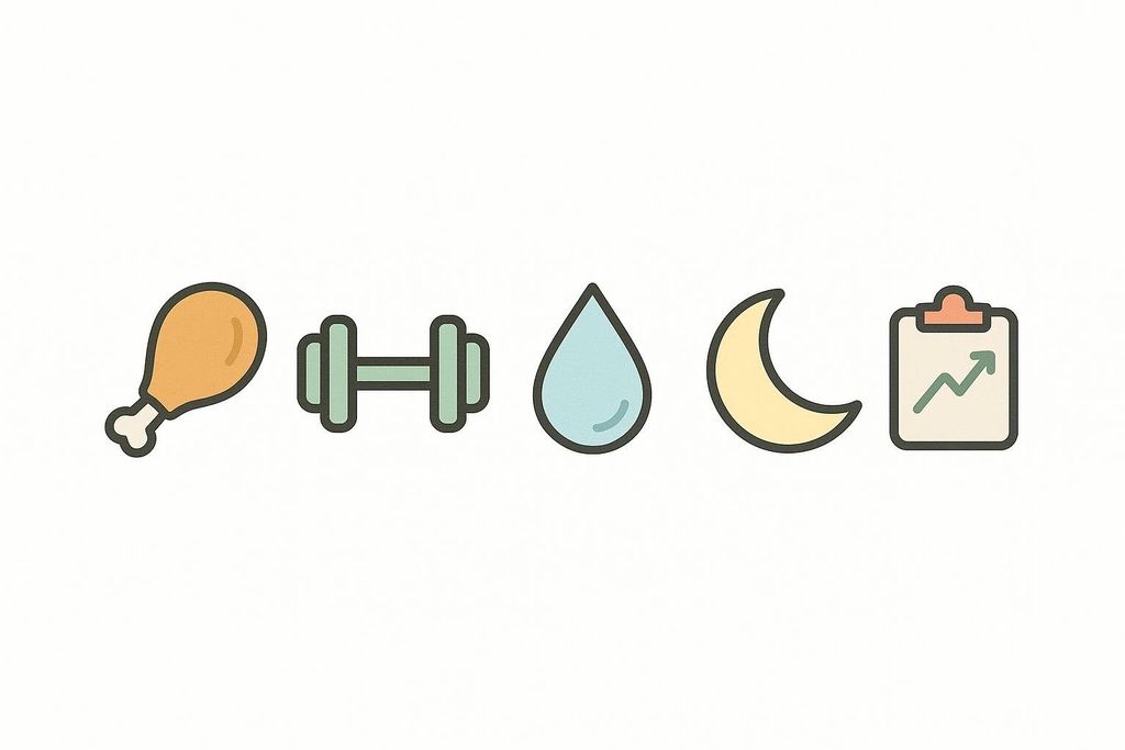 Row of five icons representing strategies to maximize fasting results: protein (chicken leg), weightlifting (dumbbell), hydration (water drop), sleep (moon), and tracking progress (clipboard with upwards graph).