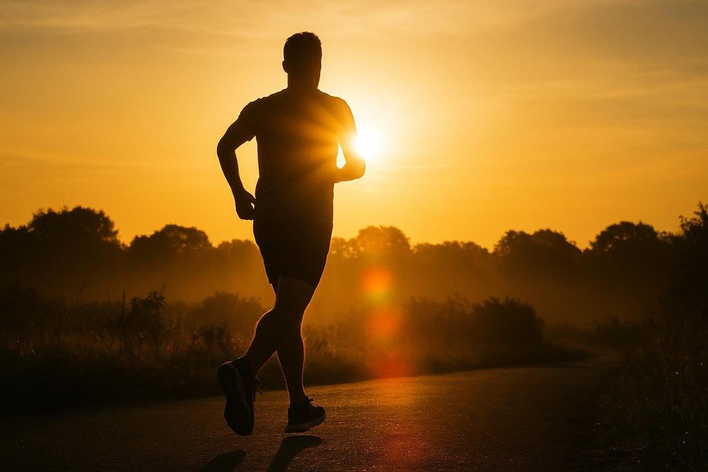 A silhouetted man runs on a road outdoors in the early morning at sunrise, with the bright sun behind him creating a golden glow.