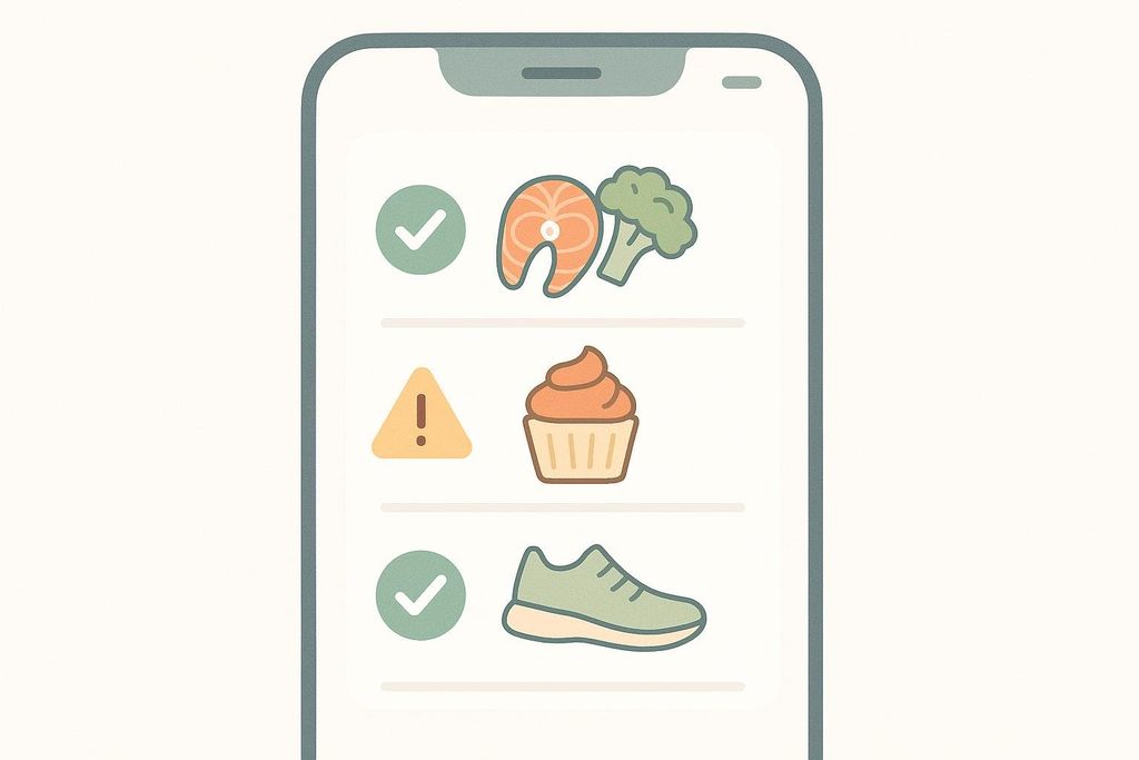 An illustration of a smartphone screen displaying personalized health rules. A green checkmark accompanies salmon and broccoli, indicating 'good' foods. A yellow warning triangle accompanies a cupcake, indicating a 'caution' food. Another green checkmark accompanies a running shoe, indicating a healthy habit.