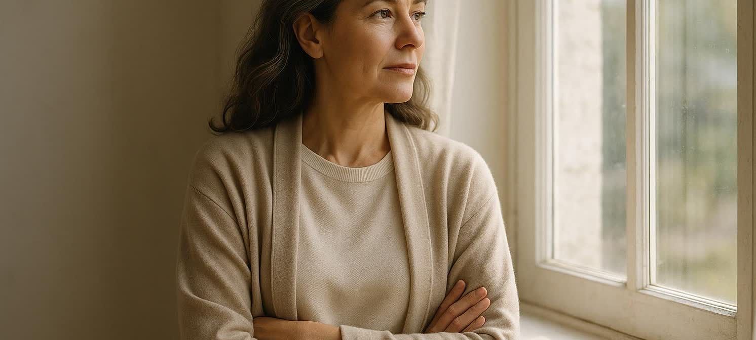 A calm woman in her late 40s or early 50s with dark, wavy hair and fair skin stares thoughtfully out a window to her right. She is wearing a soft beige sweater and cardigan, with her arms crossed. The background suggests an indoor setting with natural light coming through the window.
