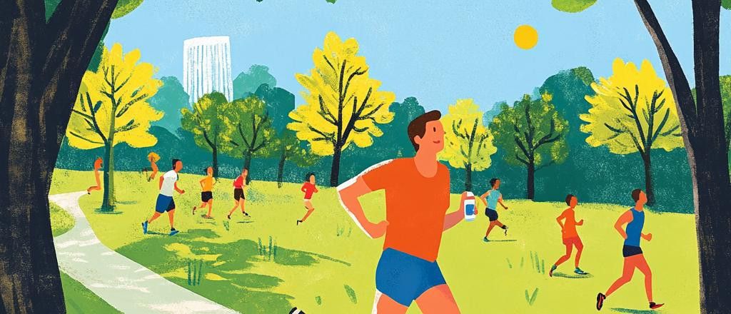 Illustration of people running and exercising in a park on a sunny day.