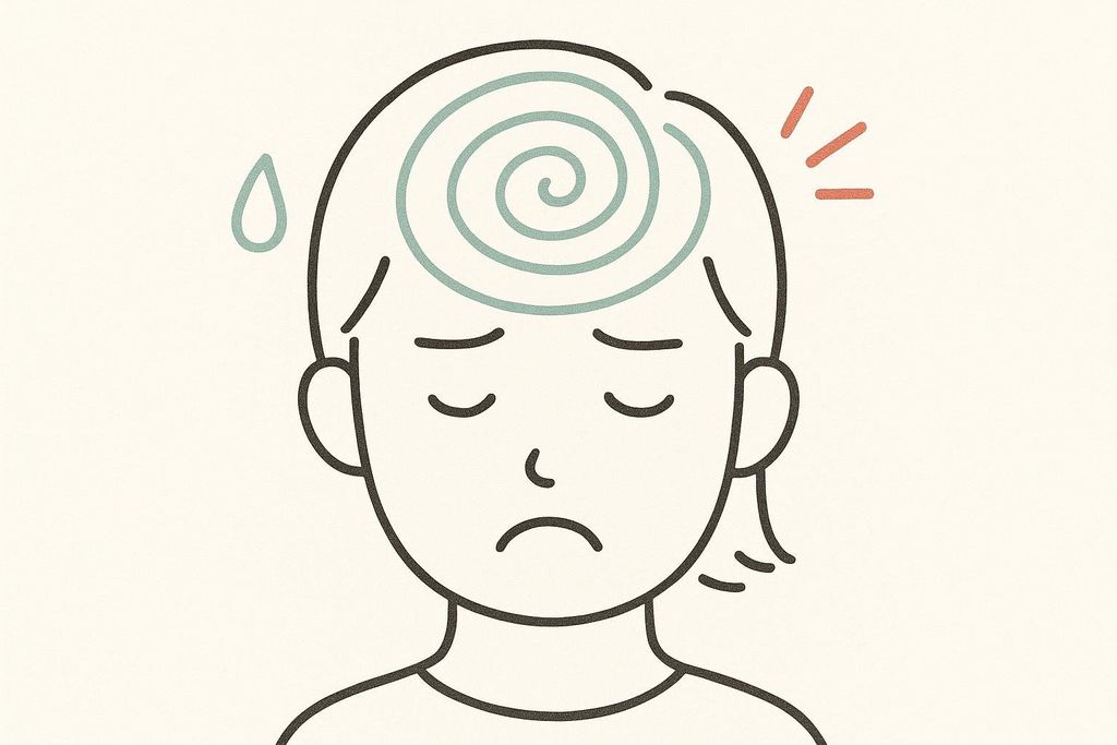 An illustration of a person with eyes closed and a sad expression, showing a swirl in their head, red lines indicating pain, and a sweat drop, representing dizziness, headache, and fatigue.