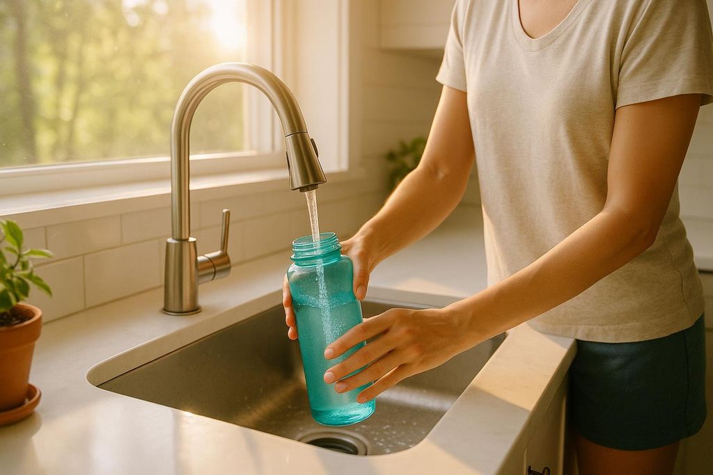 A person fills a blue water bottle at a kitchen sink, bathed in warm sunlight from a nearby window. This represents the simple, foundational habits like hydration that are key to good health and progress on a plan.