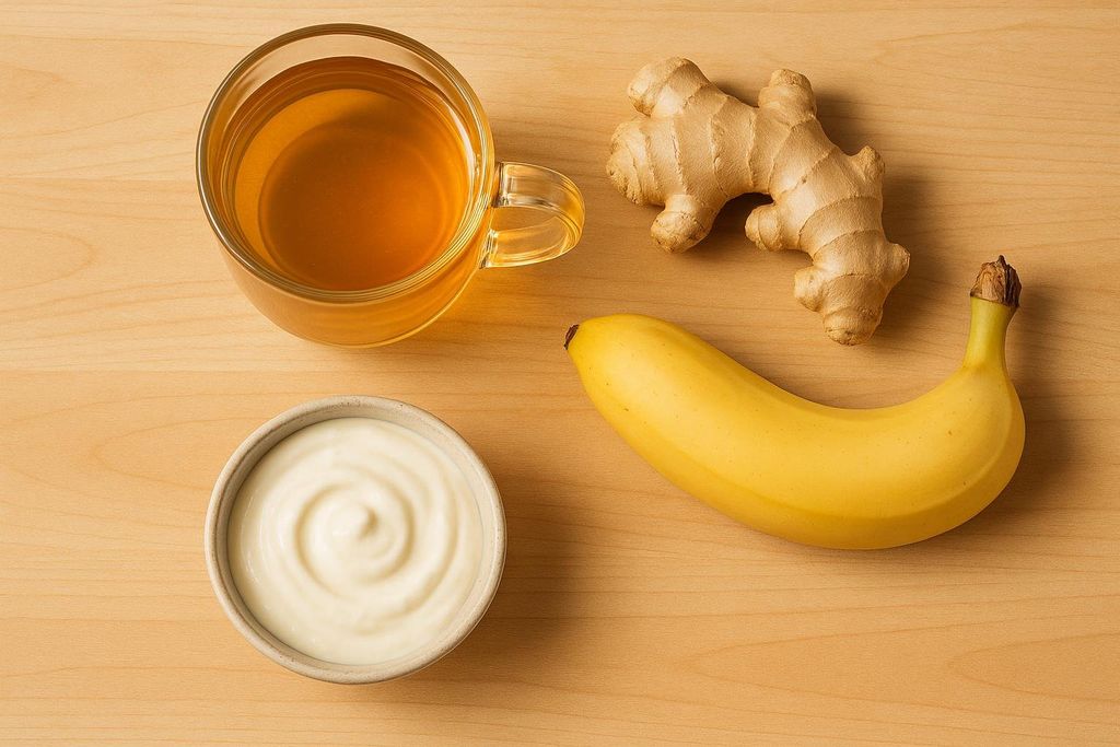 A flat lay on a light wooden surface featuring a clear mug of amber tea, a whole ginger root, a ripe yellow banana, and a small bowl of white yogurt, all known for aiding digestion.