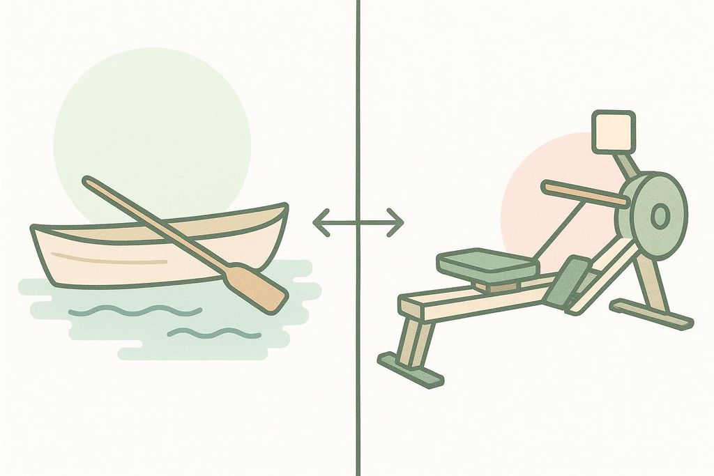 An illustration comparing an on-water rowing boat with an oar to an indoor rowing machine. An arrow indicates they are interchangeable or related.