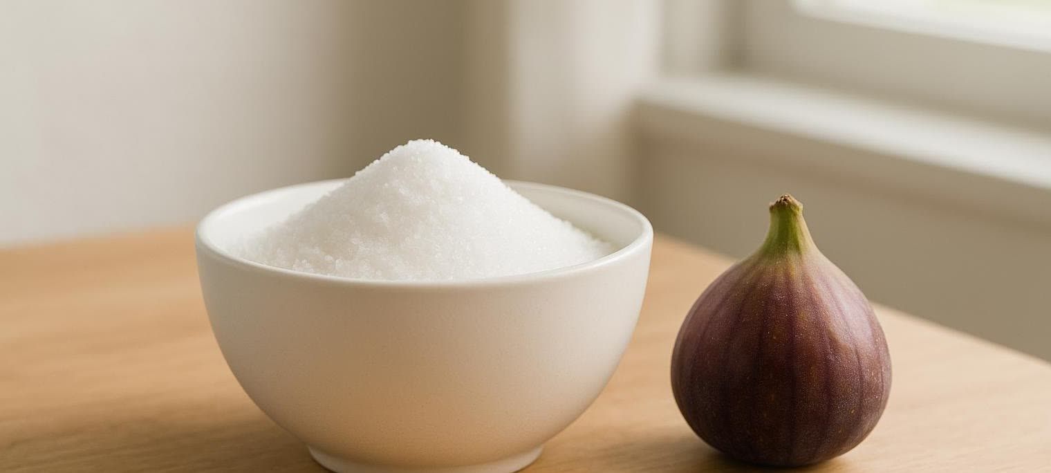 A white bowl overflowing with white allulose crystals sits next to a fresh, ripe fig on a light wooden surface. A window is visible in the blurred background. The image represents allulose as a natural sugar alternative, with allulose being refined from figs.