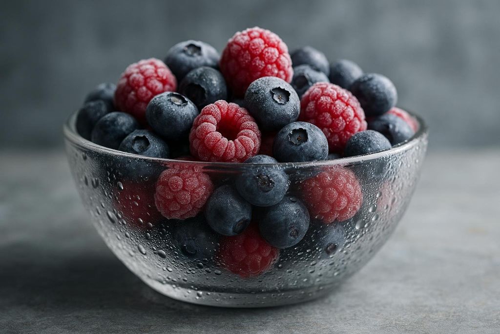 A close-up view of a clear glass bowl filled with frozen raspberries and blueberries, showing frost and condensation on the berries and the bowl, indicating they are beginning to thaw.