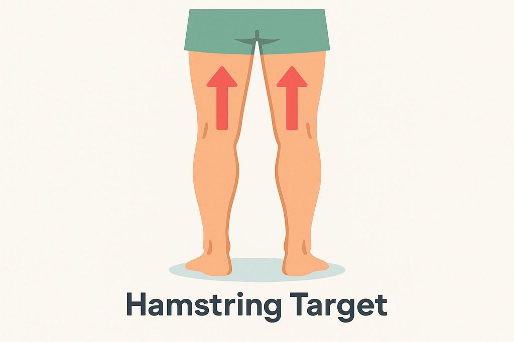 An illustration showing a person's legs from the mid-thigh down to the feet. Two red arrows point upwards over the area of the hamstrings, indicating this is the targeted muscle group. The text "Hamstring Target" is written below the illustration.