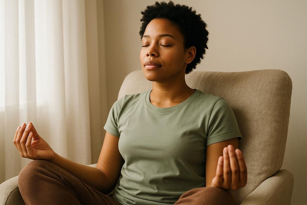 A serene woman with short dark curly hair and eyes closed sits in a beige armchair, with her hands in a meditative pose. She is wearing a light green t-shirt and brown pants, against a soft, light-colored background with a hint of a window curtain on the left.