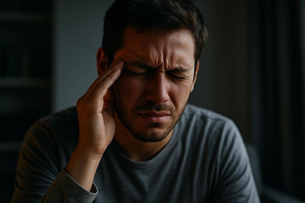A close-up of a man with closed eyes, grimacing in pain as he presses his fingers against his temple, indicating a severe headache or migraine.