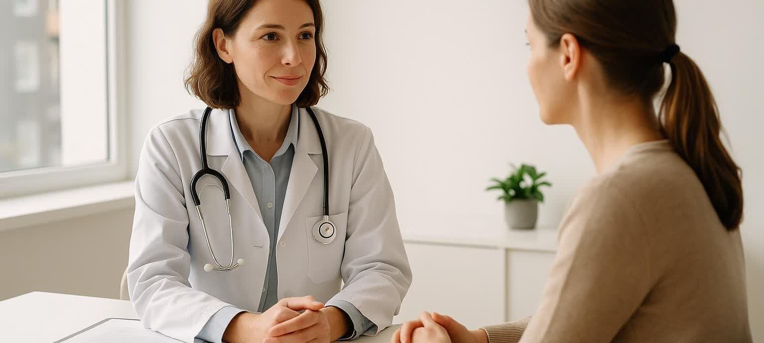 A female doctor in a white lab coat and stethoscope smiles while discussing with a female patient during a calm medical consultation in a brightly lit room.