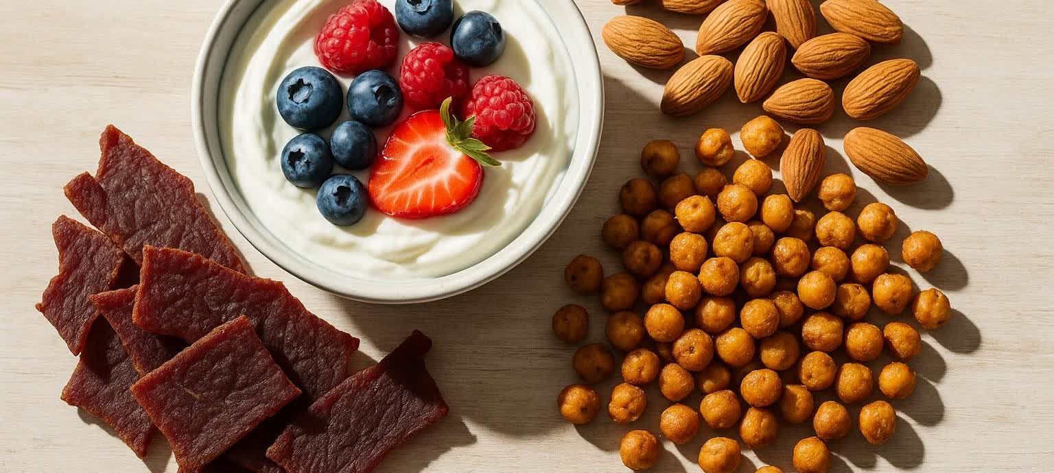 An assortment of high-protein snacks including a bowl of yogurt with berries, beef jerky, almonds, and roasted chickpeas, all arranged on a wooden table.