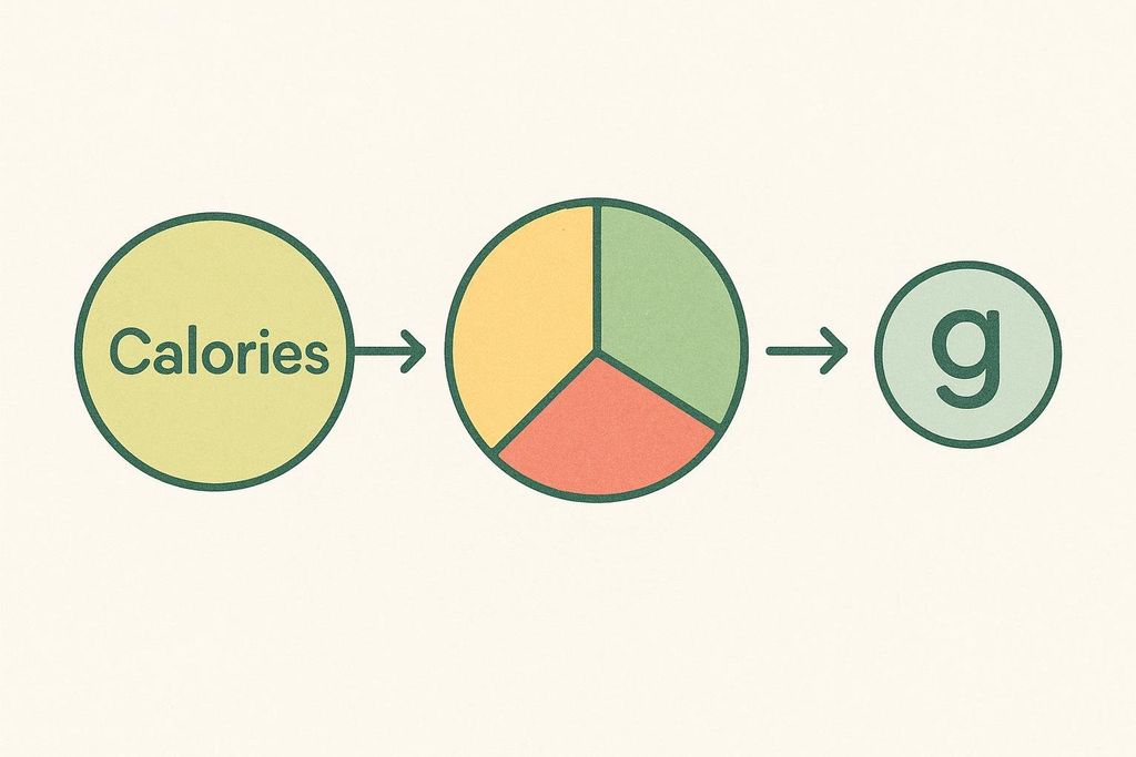An abstract diagram showing the conversion from 'Calories' to a pie chart representing percentages, and then to 'g' for grams. This illustrates the process of converting total calories into macronutrient percentages, then into gram weights.