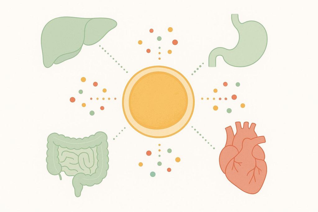 Illustration showing a central fat cell releasing circular colorful particles towards a liver, stomach, intestines, and heart, representing visceral fat's inflammatory impact on surrounding organs.