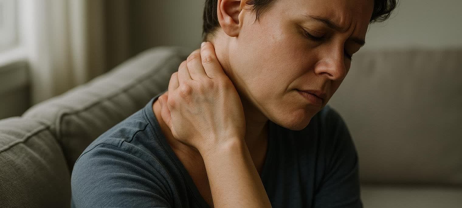 A person feeling for a muscle knot in their neck with a pained expression, showing a common symptom of myofascial trigger points.