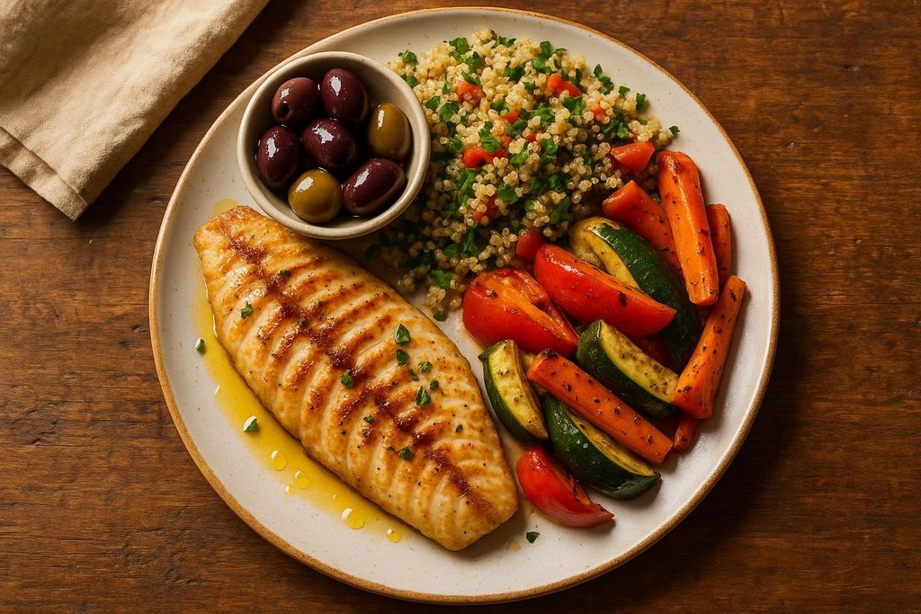 A delicious and colorful Mediterranean-style plate of food, featuring a grilled fish fillet drizzled with olive oil, a side of quinoa with chopped vegetables and herbs, roasted carrots, zucchini, and tomatoes, and a small bowl of olives. This meal is a recommended eating pattern for brain health.