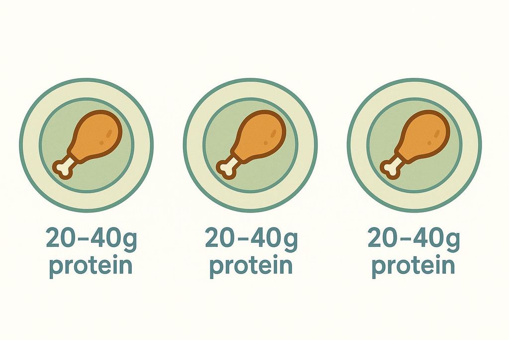A vector illustration showing three identical plates, each containing a drumstick icon and labeled with '20-40g protein' below it, on a light background.
