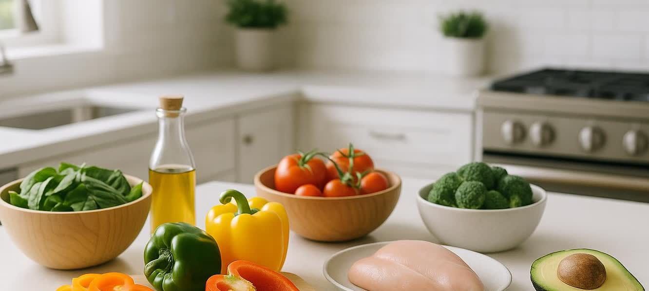 A close-up view of fresh ingredients arranged on a clean kitchen counter, including bowls of spinach, tomatoes, and broccoli florets, bell peppers, a bottle of olive oil, raw chicken breasts on a plate, and a halved avocado. The background shows a modern kitchen with a stove and cabinets.