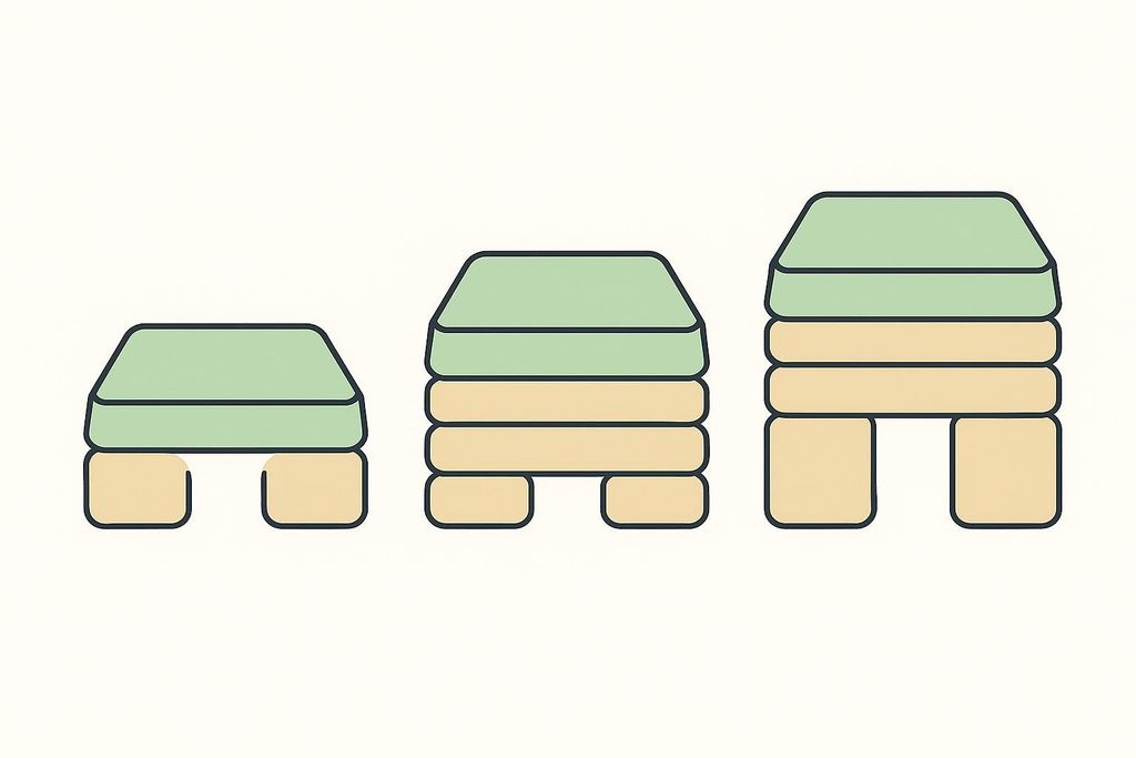 Illustration comparing three aerobic step heights. The smallest step has one pale green platform and two short tan legs. The medium step has one pale green platform and four tan risers. The tallest step has one pale green platform and six tan risers, configured as two stacks of three risers to create an open space underneath.