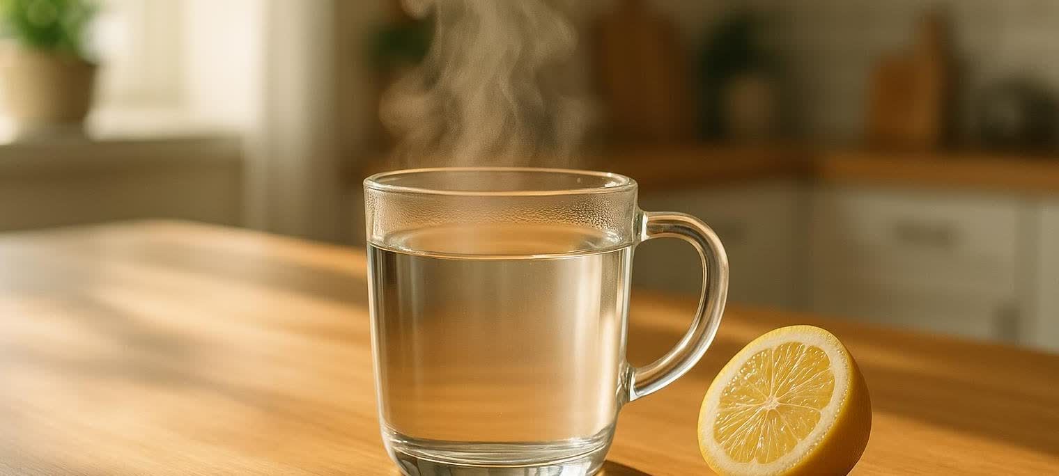 A clear glass mug filled with steaming hot water sits on a light wooden countertop next to half a lemon. The background shows a blurred kitchen.