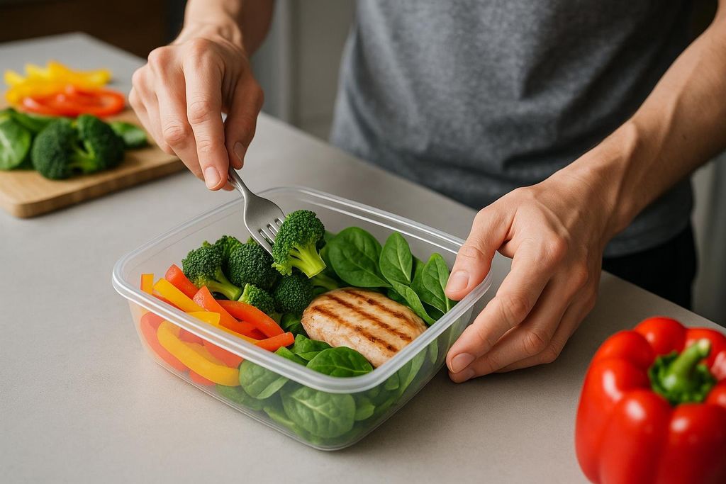 Hands hold a plastic container filled with a healthy meal prepped for lunch or dinner, including grilled chicken, spinach, broccoli, and bell peppers. A person is using a fork to pick up a piece of broccoli from the container.