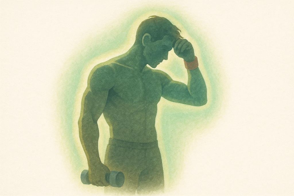 An illustration showing a figure with a glowing aura, representing the post-workout calorie burn (EPOC) from HIIT. The figure, possibly a man, is green-tinted and holds a dumbbell, wiping sweat from his forehead.