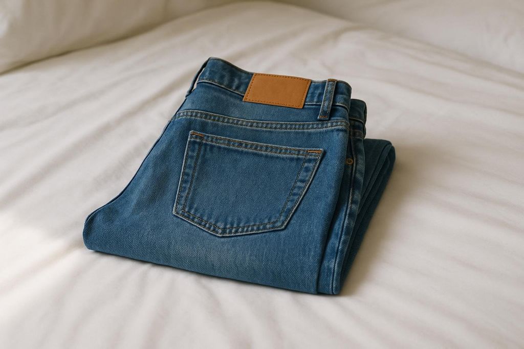 A pair of folded blue jeans with a brown leather patch on the back, lying on a white bedspread.
