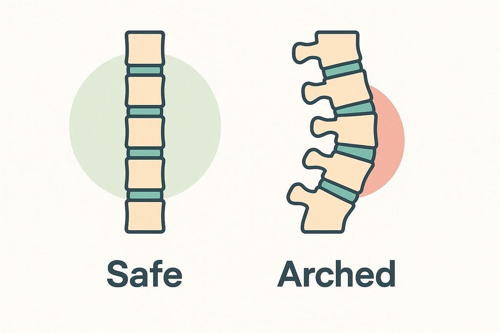 Illustration comparing a straight, safe neutral spine to a curved, arched spine, labeled 'Safe' and 'Arched' respectively.
