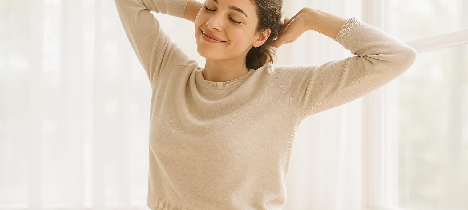 A woman stretching comfortably in a sunlit room, feeling good in her body. She is wearing a light-colored sweater and has her eyes closed with a soft smile.