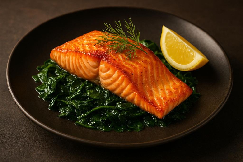 A close-up of a perfectly cooked salmon fillet with crispy skin, served on a bed of vibrant green sauteed spinach, garnished with fresh dill and a lemon wedge, presented on a dark brown plate.