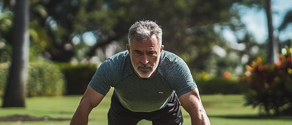 A middle-aged man with graying hair and beard in a green exercise shirt is doing push-ups outside on a sunny day. The background is green with trees and bushes.